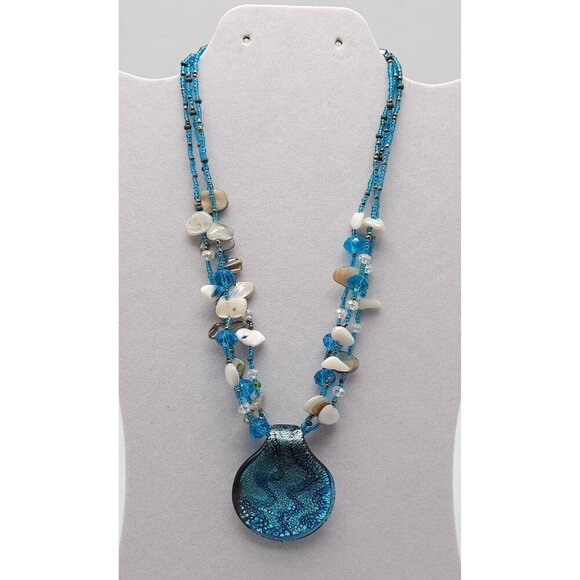 Handcrafted Blue Glass Pendant Necklace Beads Shell Accents By Cookie Johnson - Picture 1 of 6